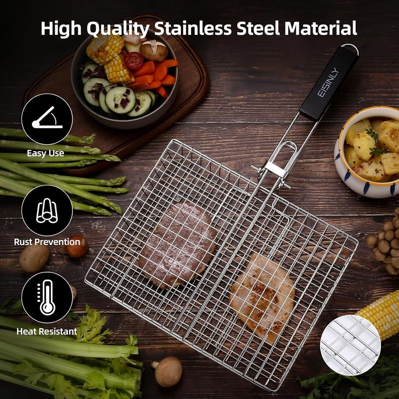 Eisinly Portable Grill Basket, BBQ Grilling Basket for Outdoor Grill with Removable Handle, Stainless Steel Camping Cooking Grill Accessories for Chicken Fish Vegetable - Image 2